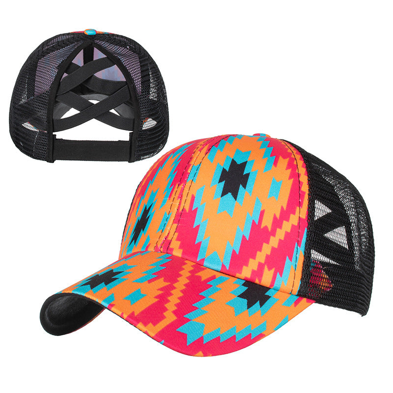 Wholesale Aztec Crossover Elastic Mesh Ponytail Polyester Baseball Hat